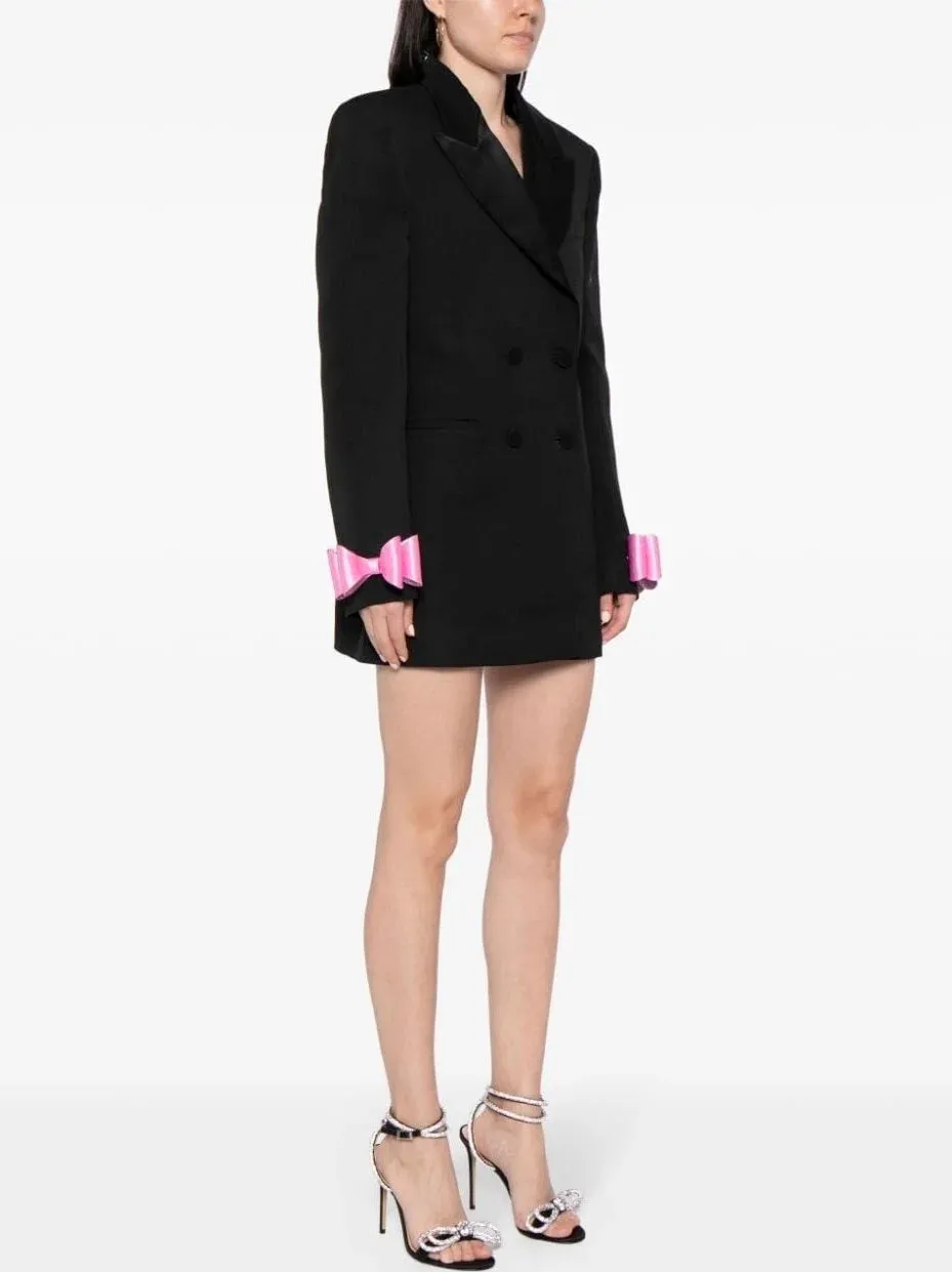 Bow-Cuff Double-Breasted Blazer Dress in Black