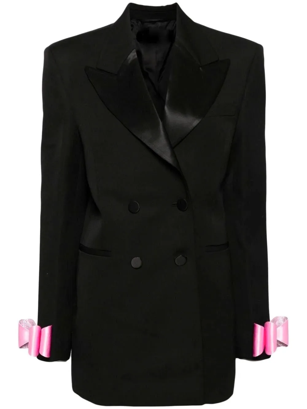 Bow-Cuff Double-Breasted Blazer Dress in Black