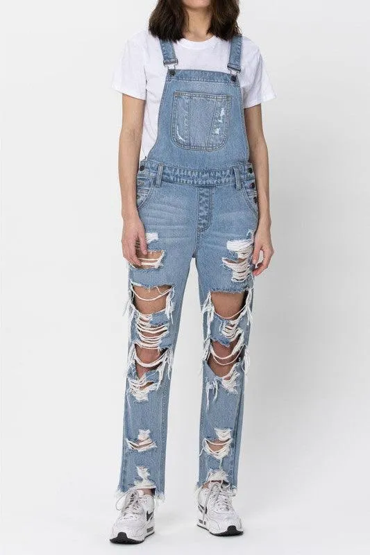 Boyfriend Distress Frayed Hem Overalls