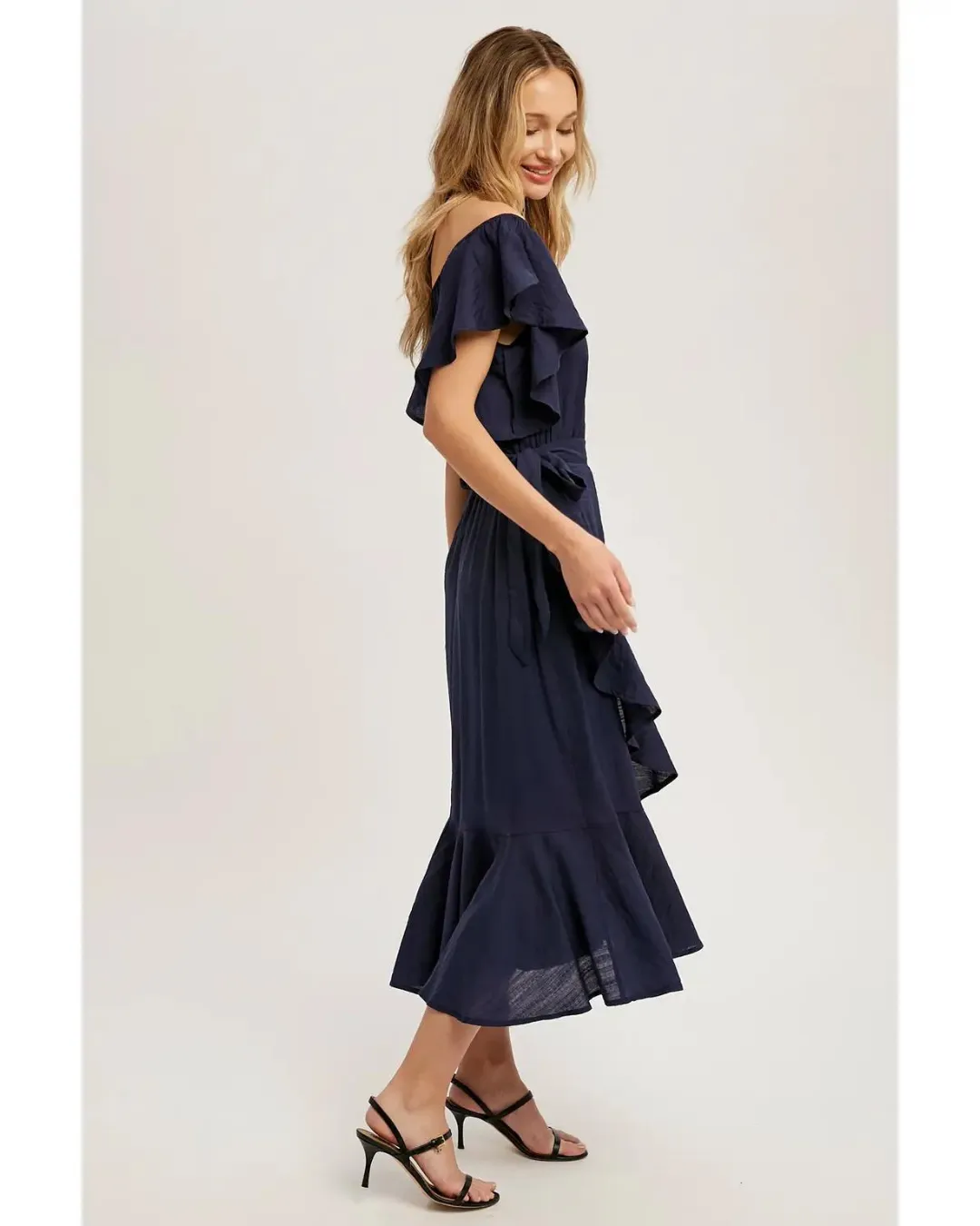 Brooklyn - Flounce Wrap Off The Shoulder Dress Navy