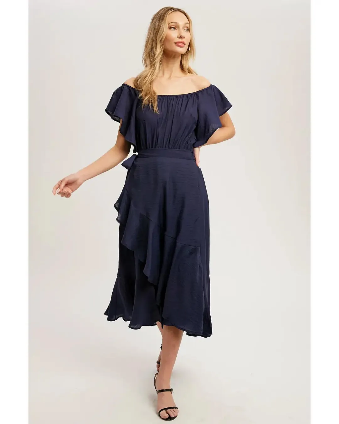 Brooklyn - Flounce Wrap Off The Shoulder Dress Navy