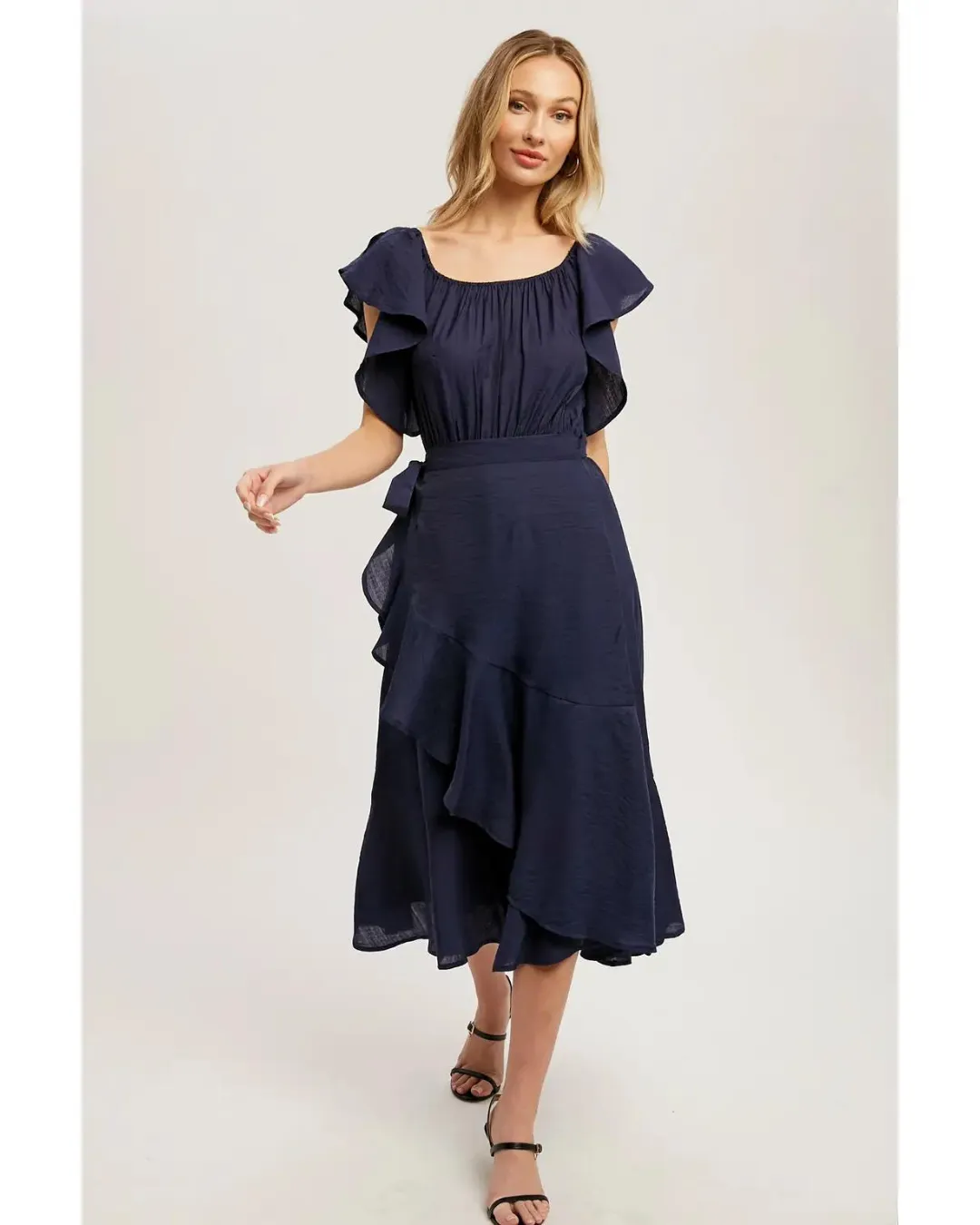 Brooklyn - Flounce Wrap Off The Shoulder Dress Navy