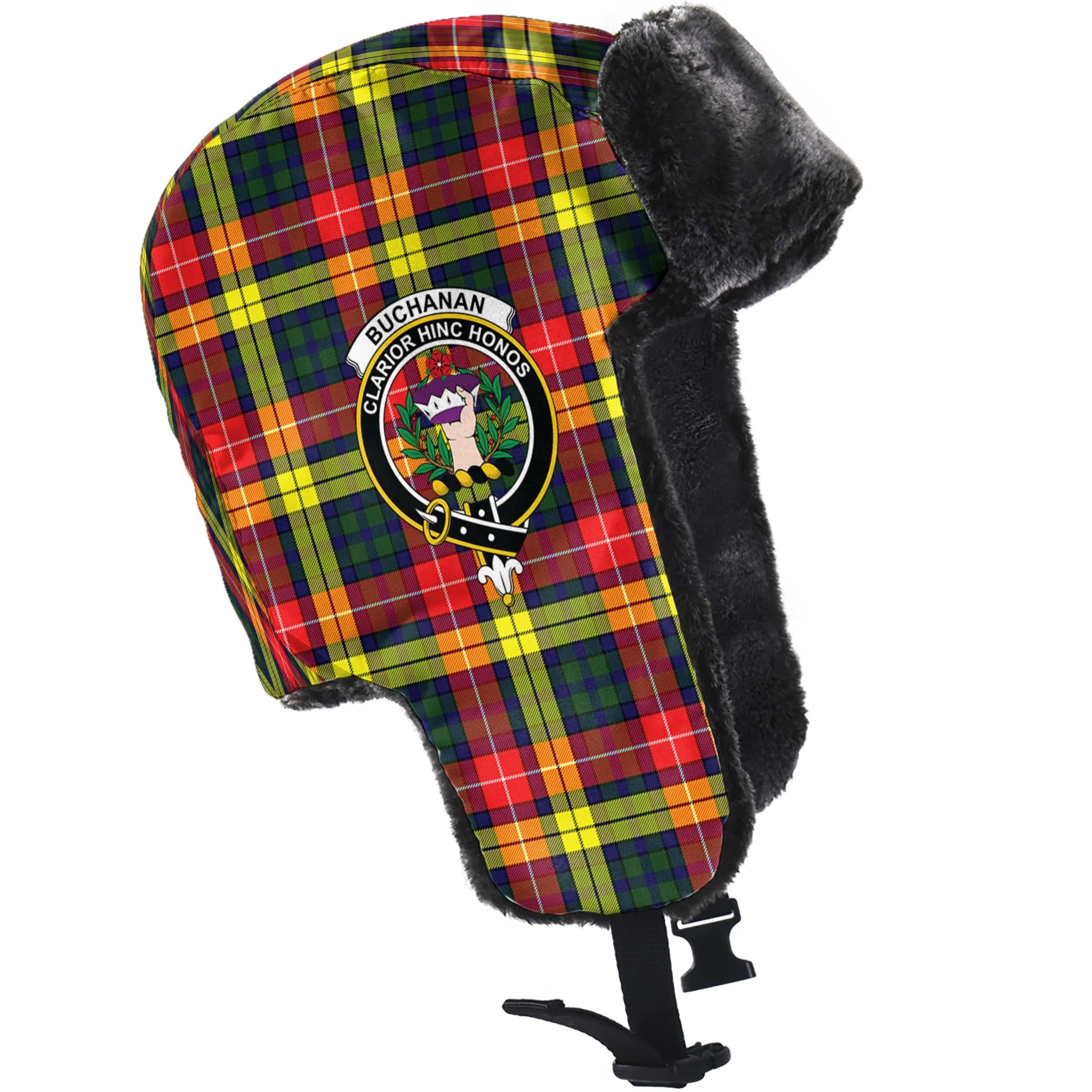 Buchanan Modern Tartan Winter Trapper Hat with Family Crest