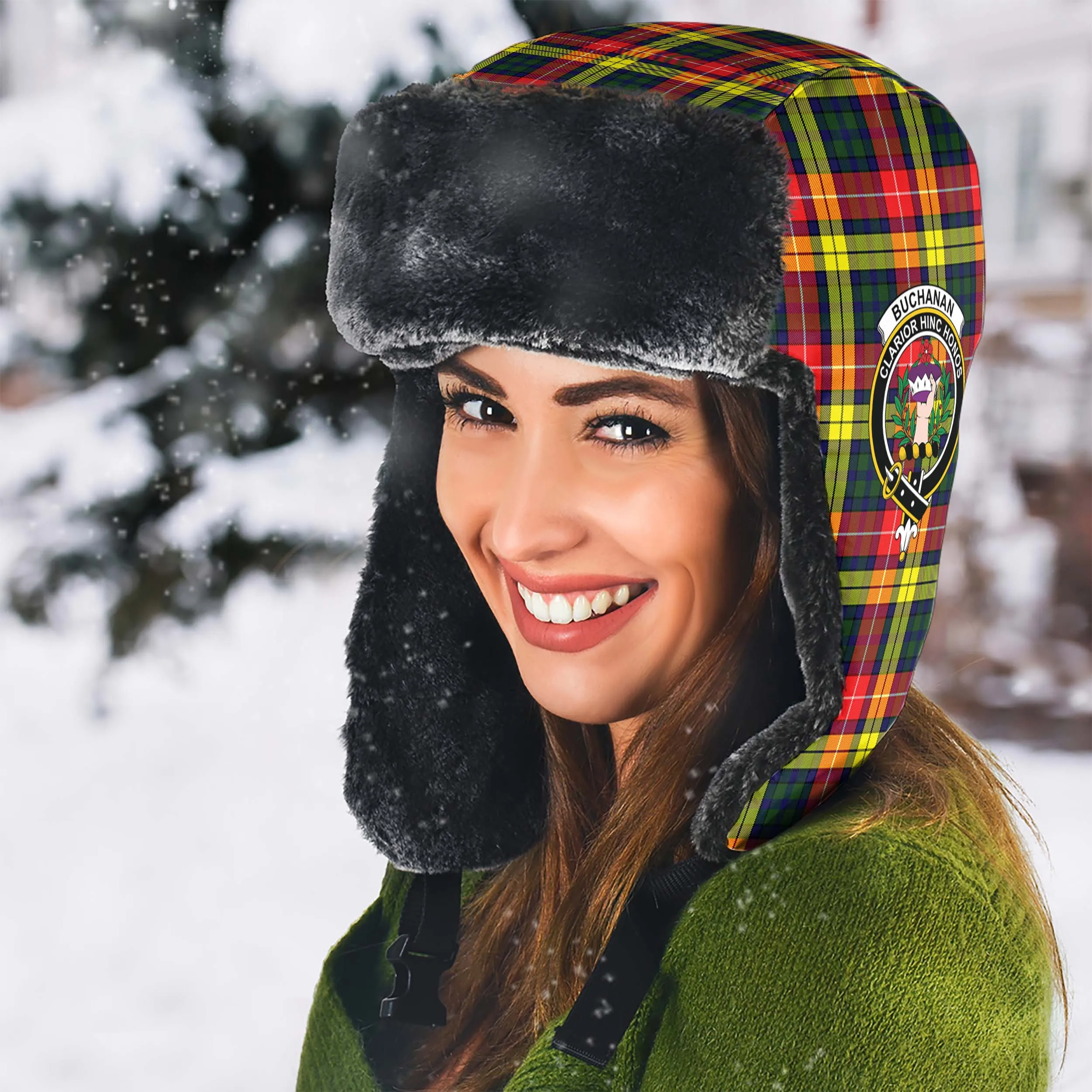 Buchanan Modern Tartan Winter Trapper Hat with Family Crest