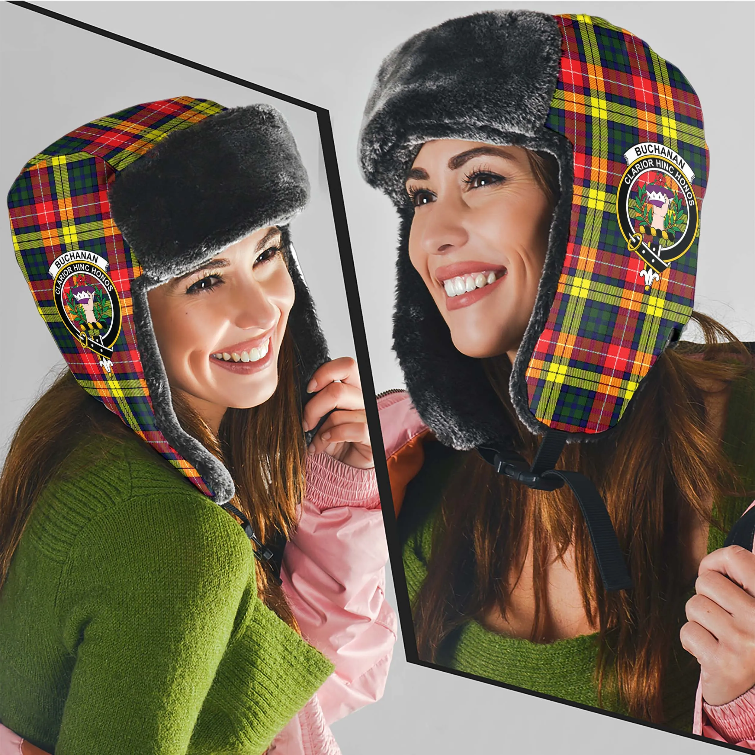 Buchanan Modern Tartan Winter Trapper Hat with Family Crest