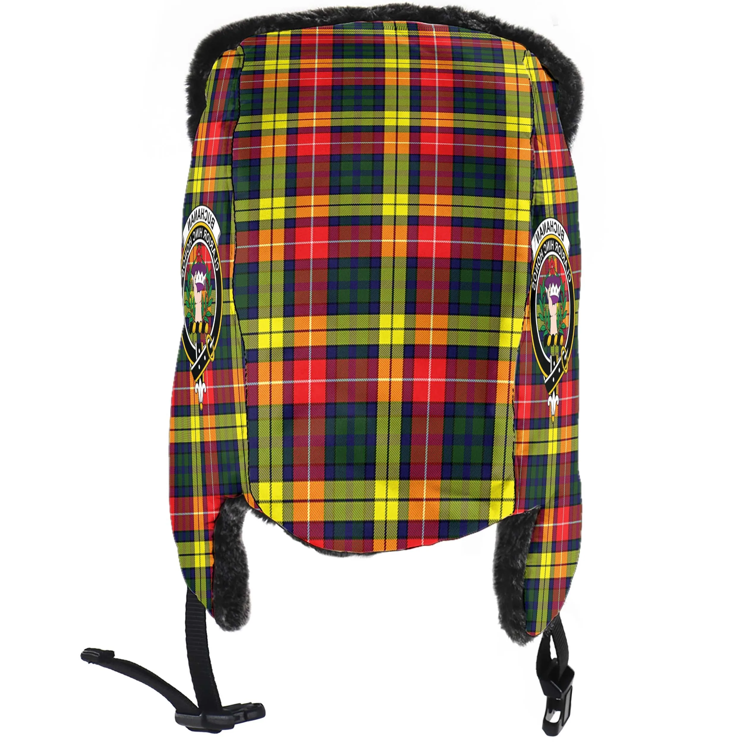 Buchanan Modern Tartan Winter Trapper Hat with Family Crest