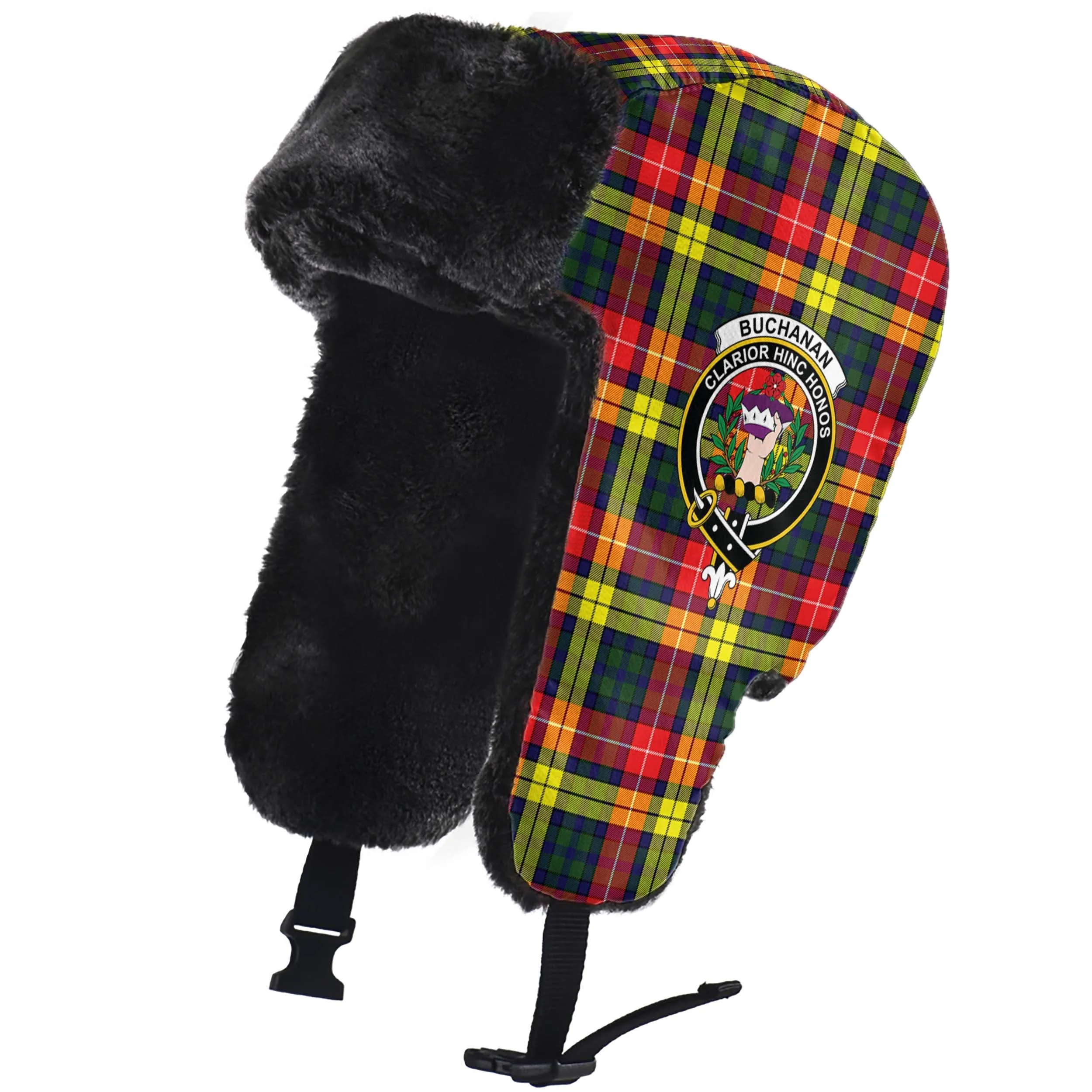 Buchanan Modern Tartan Winter Trapper Hat with Family Crest