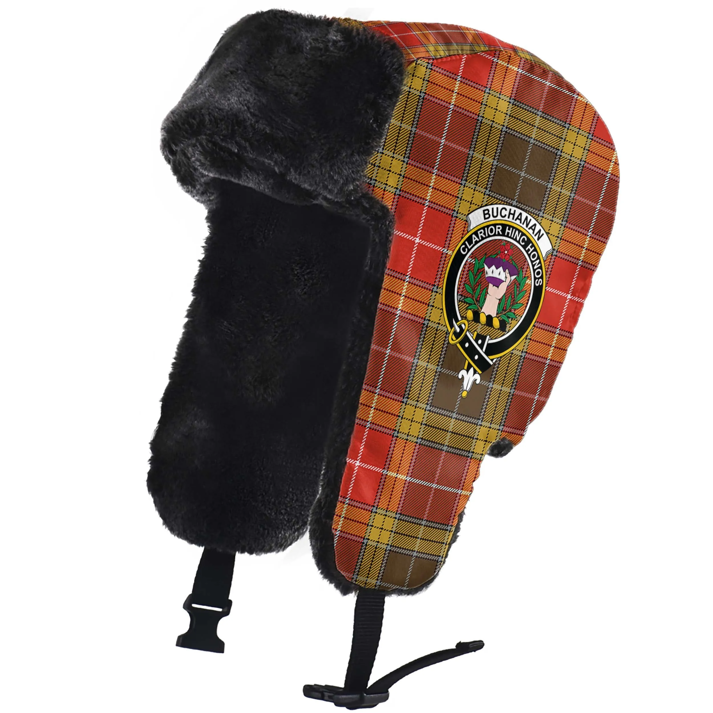 Buchanan Old Set Weathered Tartan Winter Trapper Hat with Family Crest