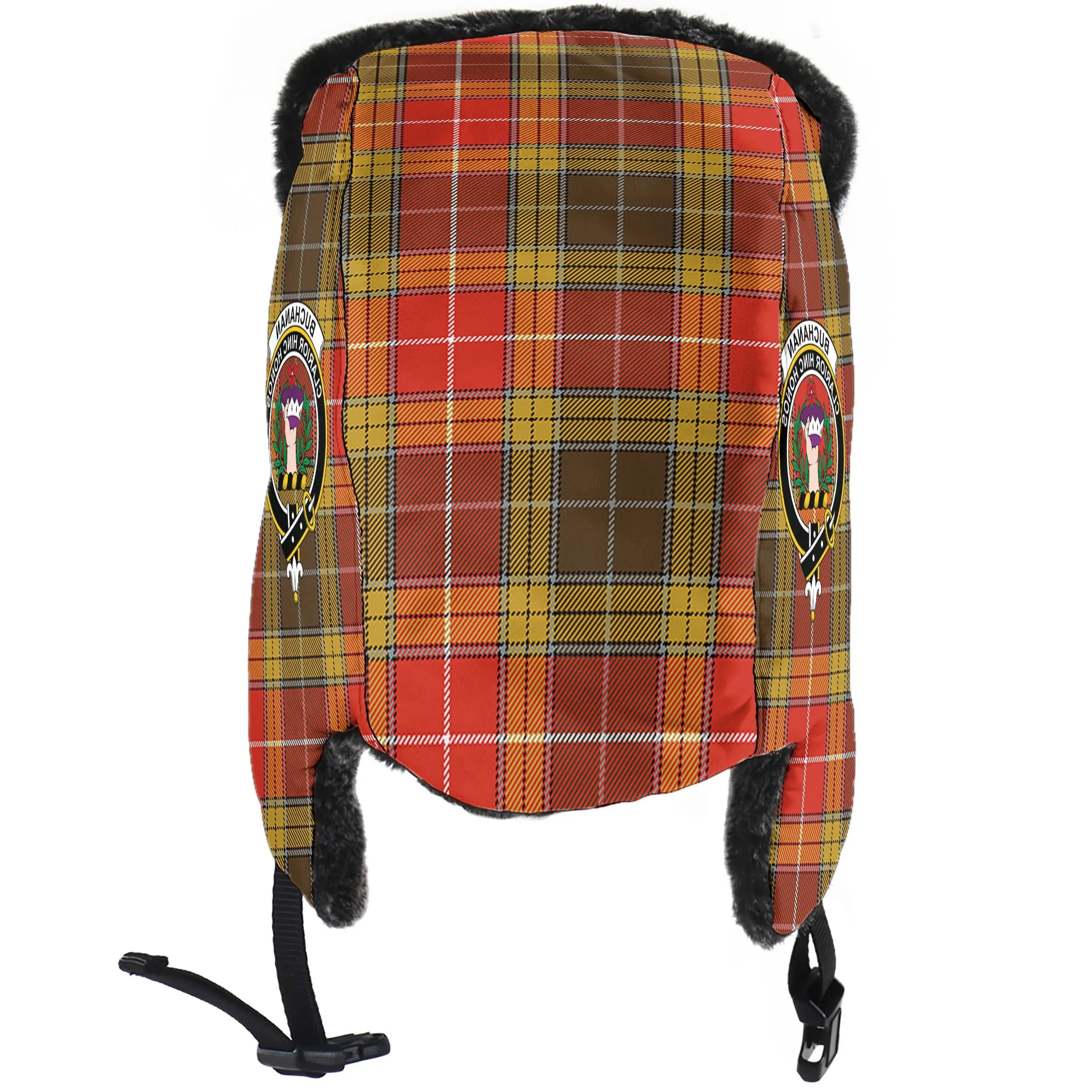 Buchanan Old Set Weathered Tartan Winter Trapper Hat with Family Crest