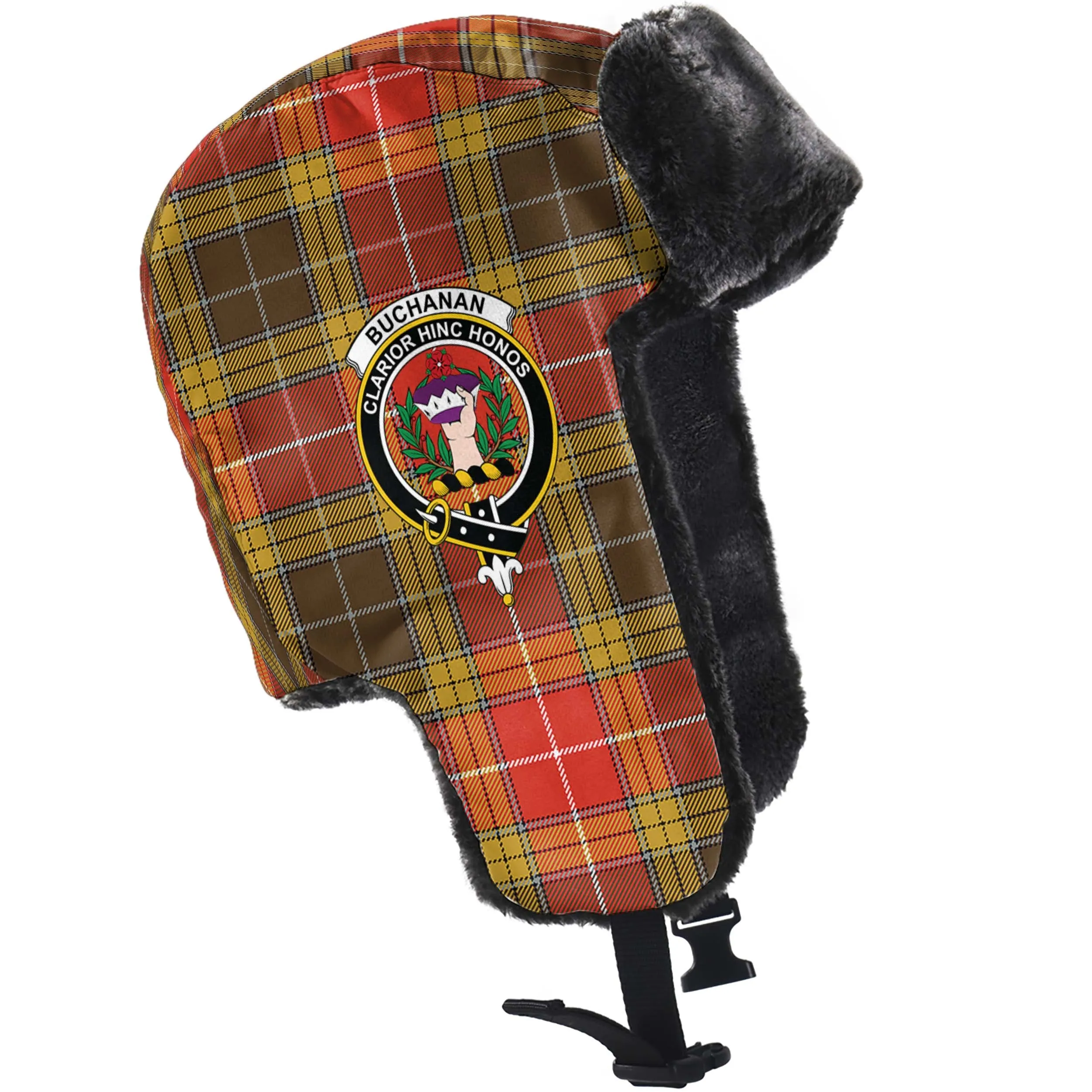 Buchanan Old Set Weathered Tartan Winter Trapper Hat with Family Crest