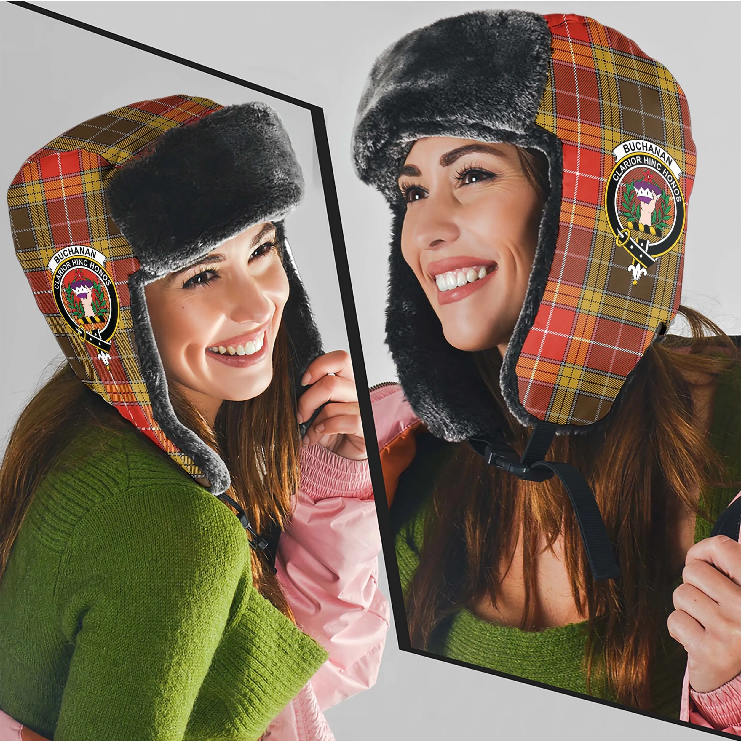 Buchanan Old Set Weathered Tartan Winter Trapper Hat with Family Crest