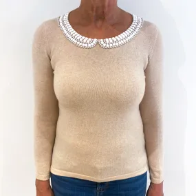 Buff Beige Embellished Cashmere Crew Neck Jumper Medium