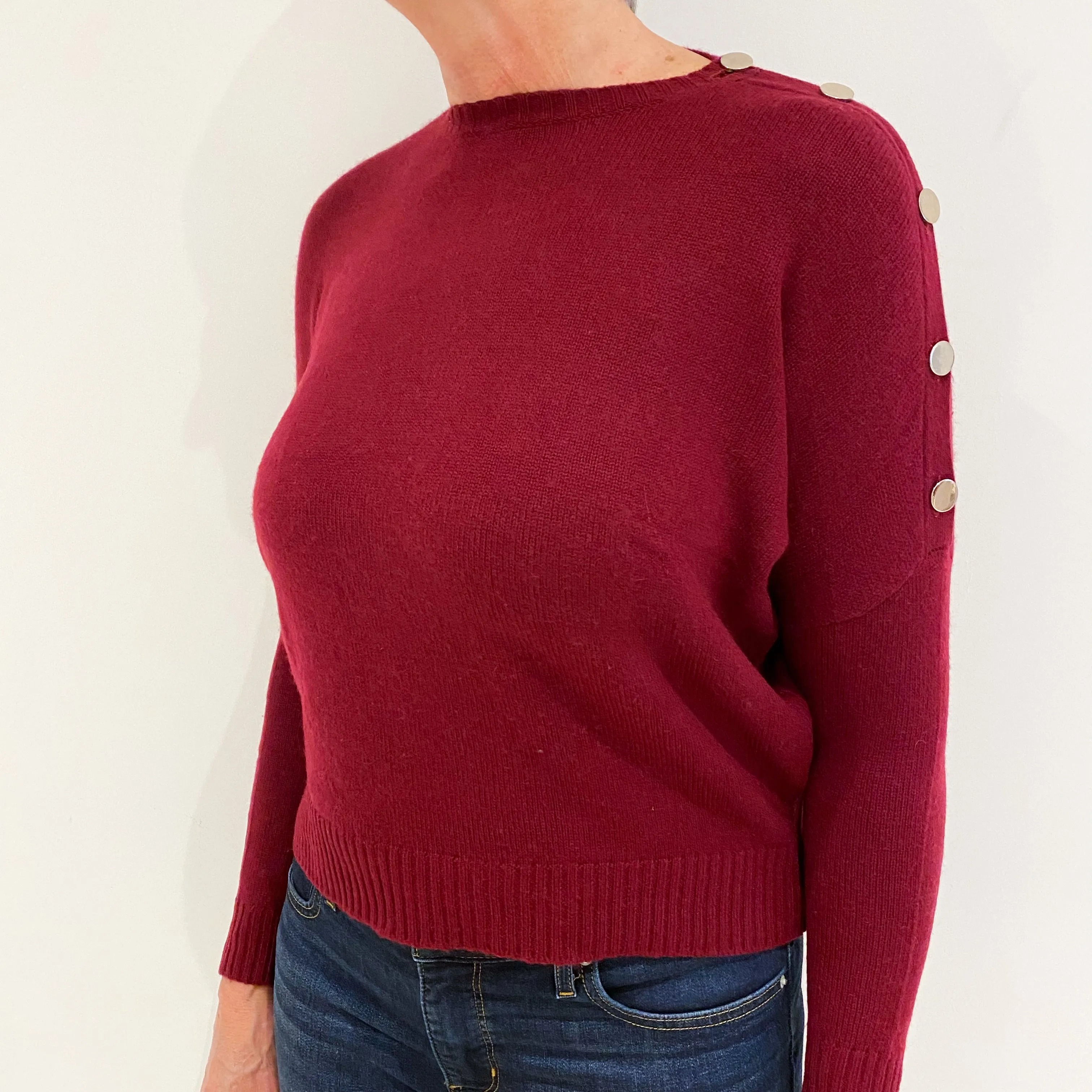 Burgundy Batwing Cashmere Buttoned Crew Neck Jumper Medium