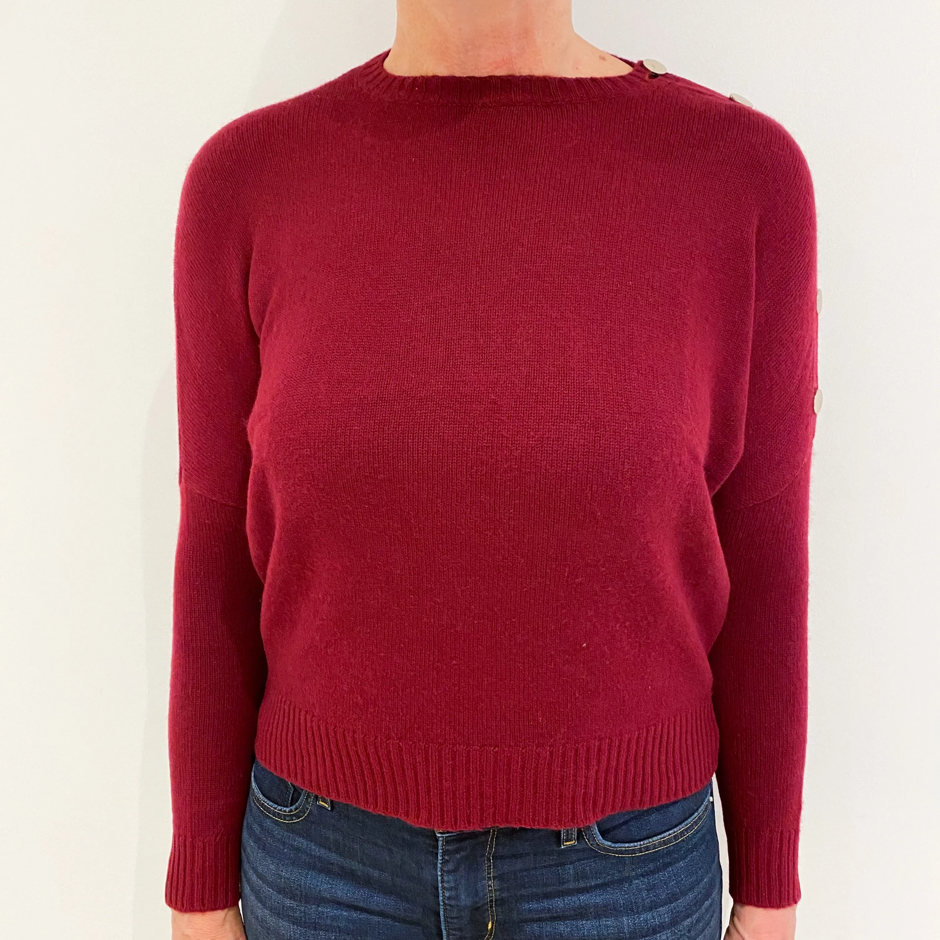 Burgundy Batwing Cashmere Buttoned Crew Neck Jumper Medium