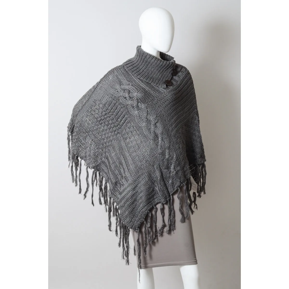 Cable Knit Poncho With Tassels