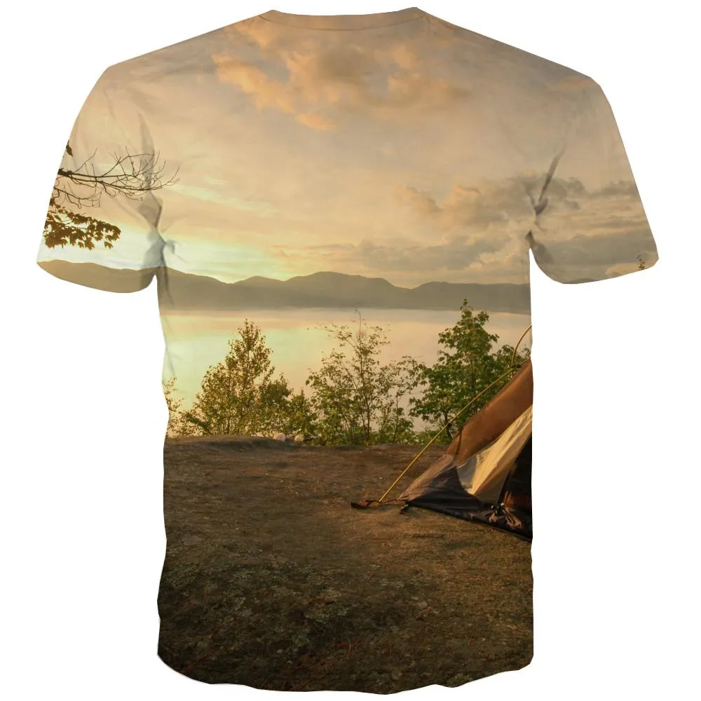 Camping T-shirt Men Sunset Shirt Print Forest T shirts Funny Flame T-shirts 3d