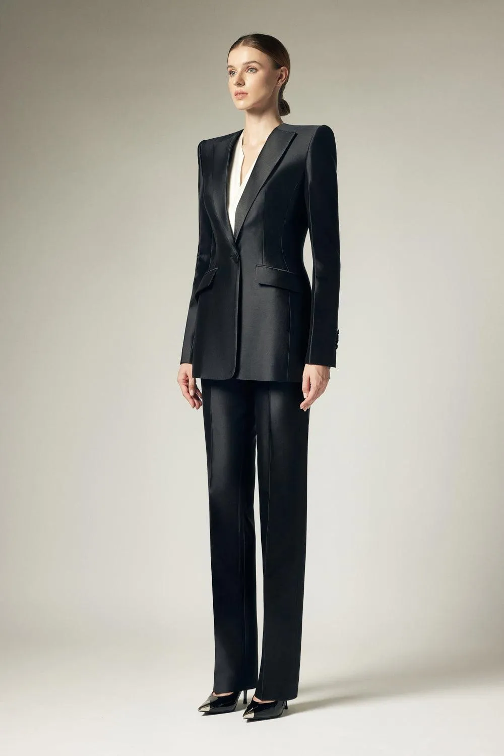 Cesarina Structured V-Neck Silk Taffeta Blazer