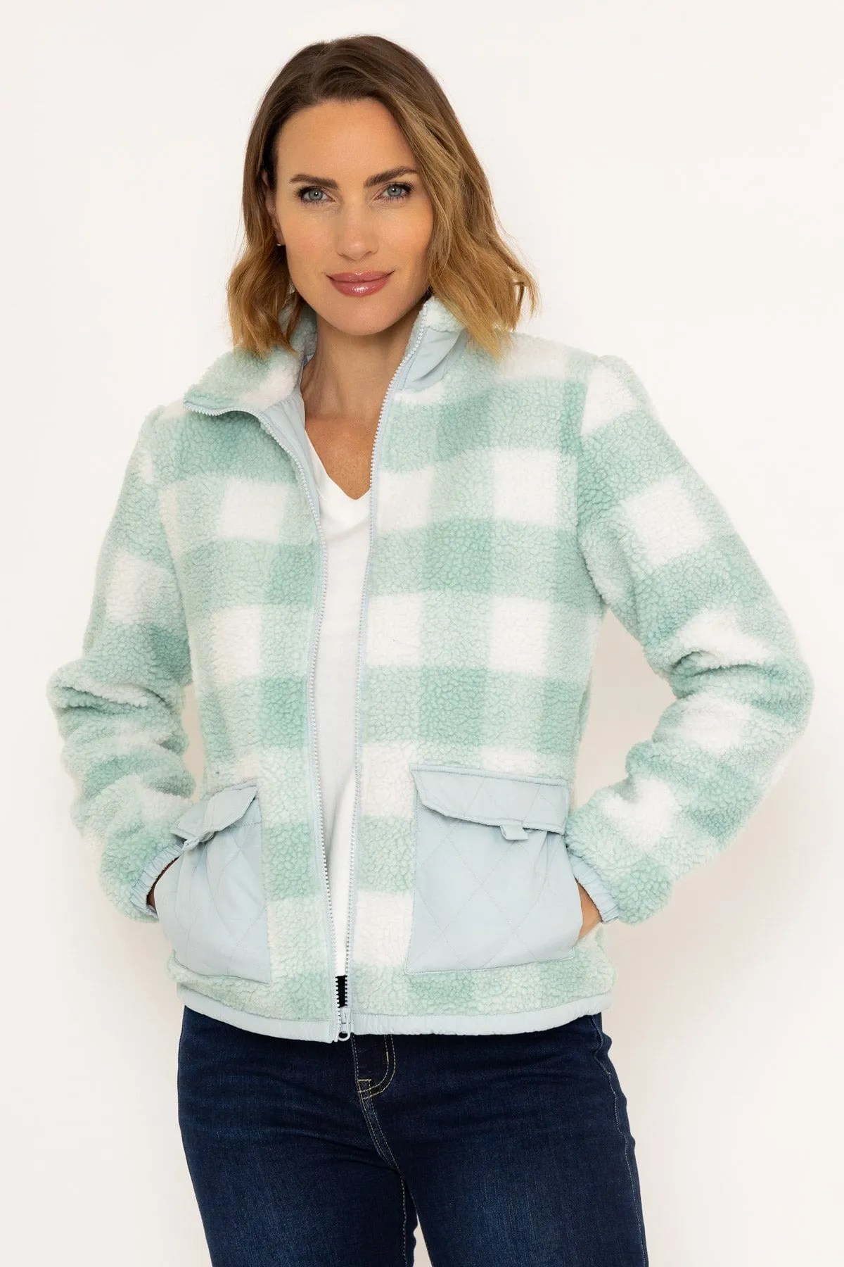 Check Fleece With Patch Pocket in White & Sage Green