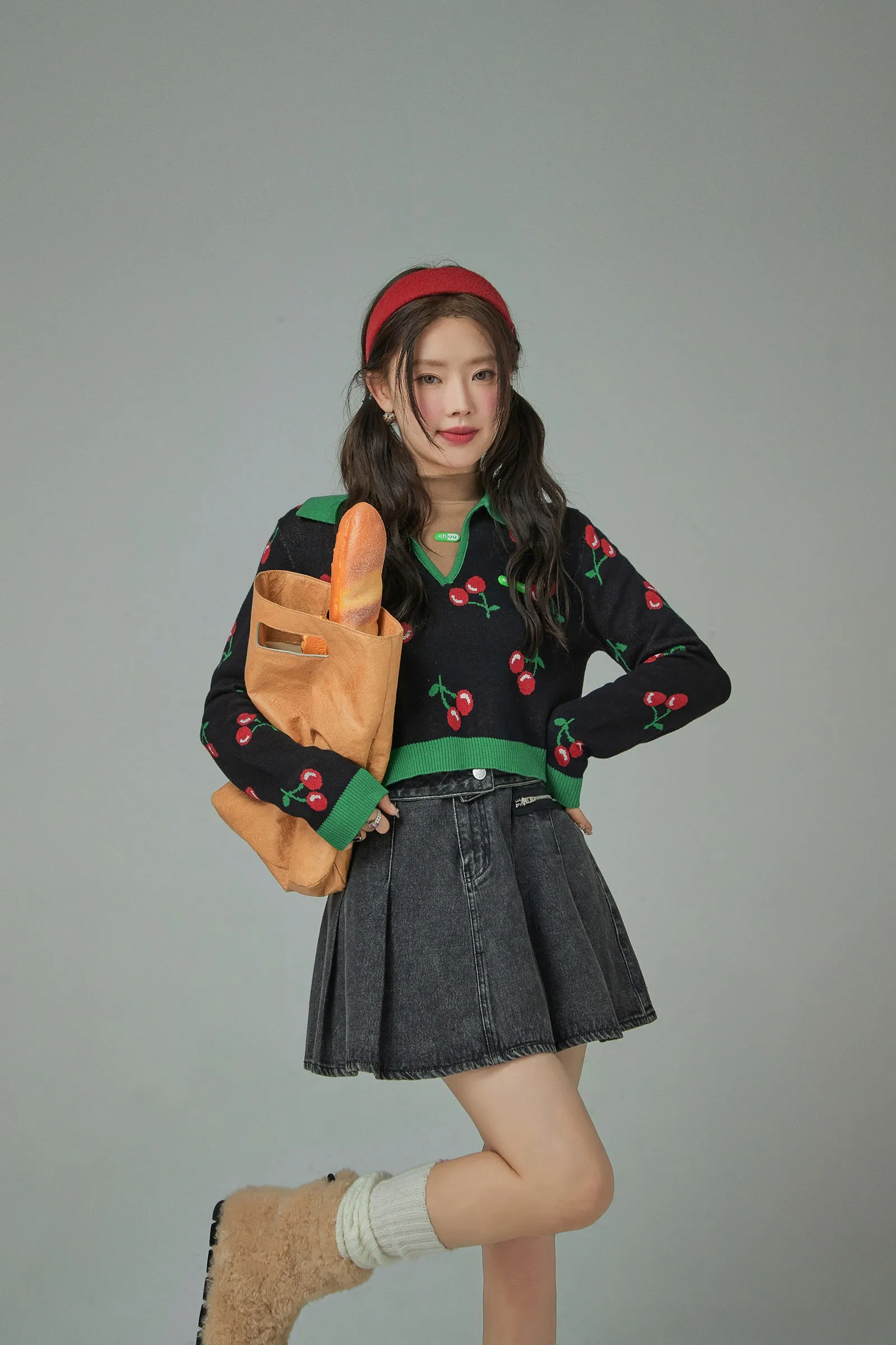 Cherry Polo Collar Colored Crop Knit Sweater