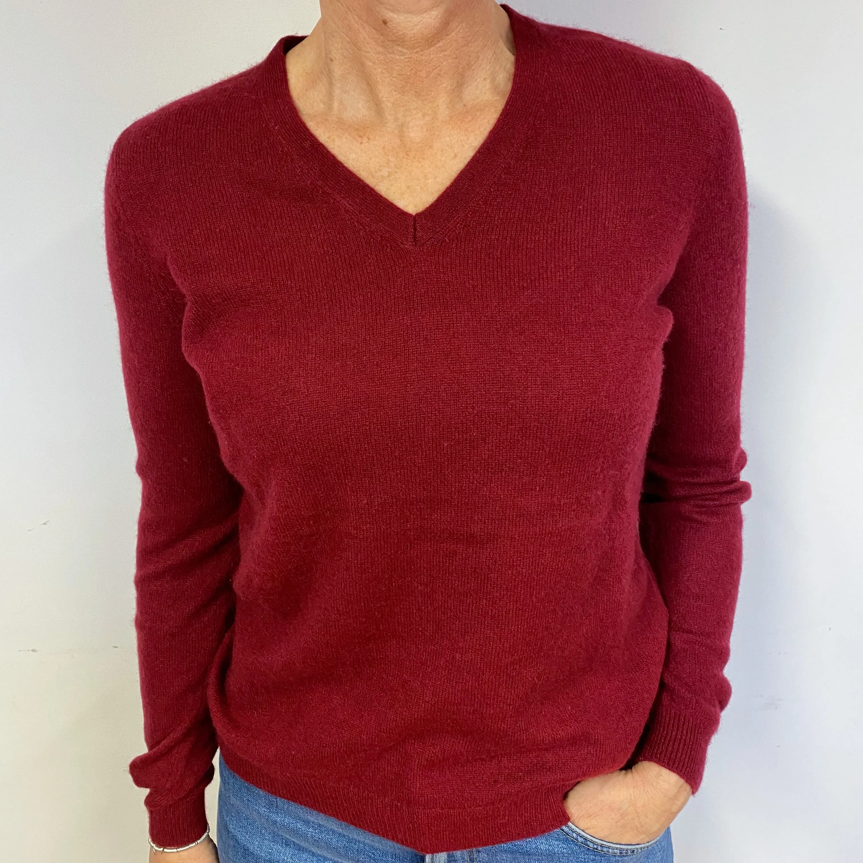 Claret Red Cashmere V-Neck Jumper Medium