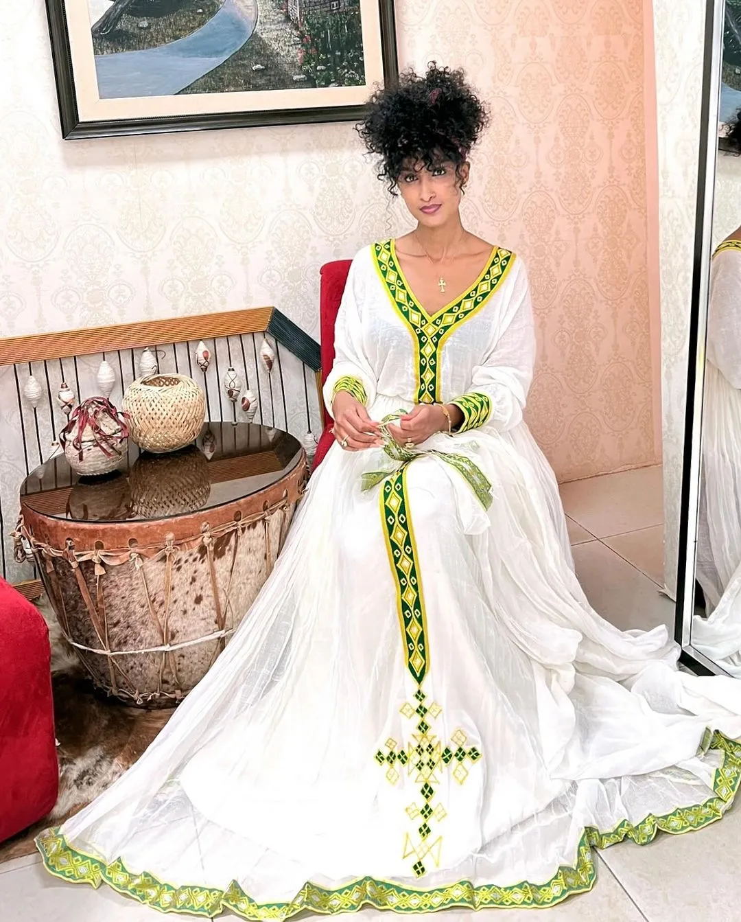 Classic Yellow and Green Detailing Habesha Dress: for Cultural Celebrations Traditional Ethiopian Dress