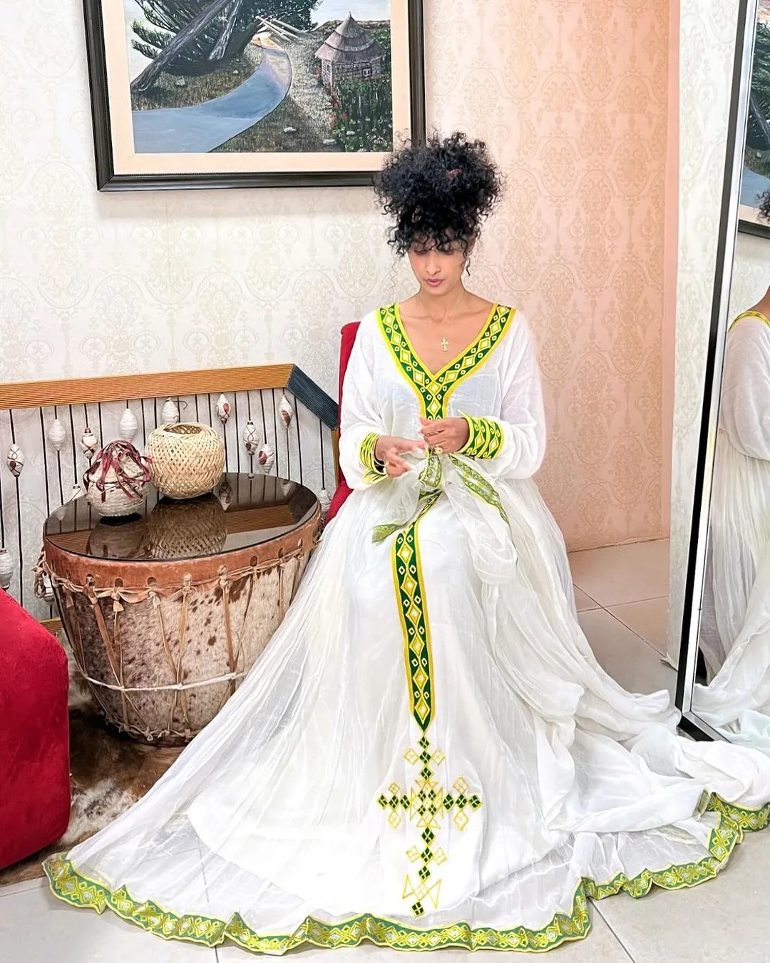 Classic Yellow and Green Detailing Habesha Dress: for Cultural Celebrations Traditional Ethiopian Dress