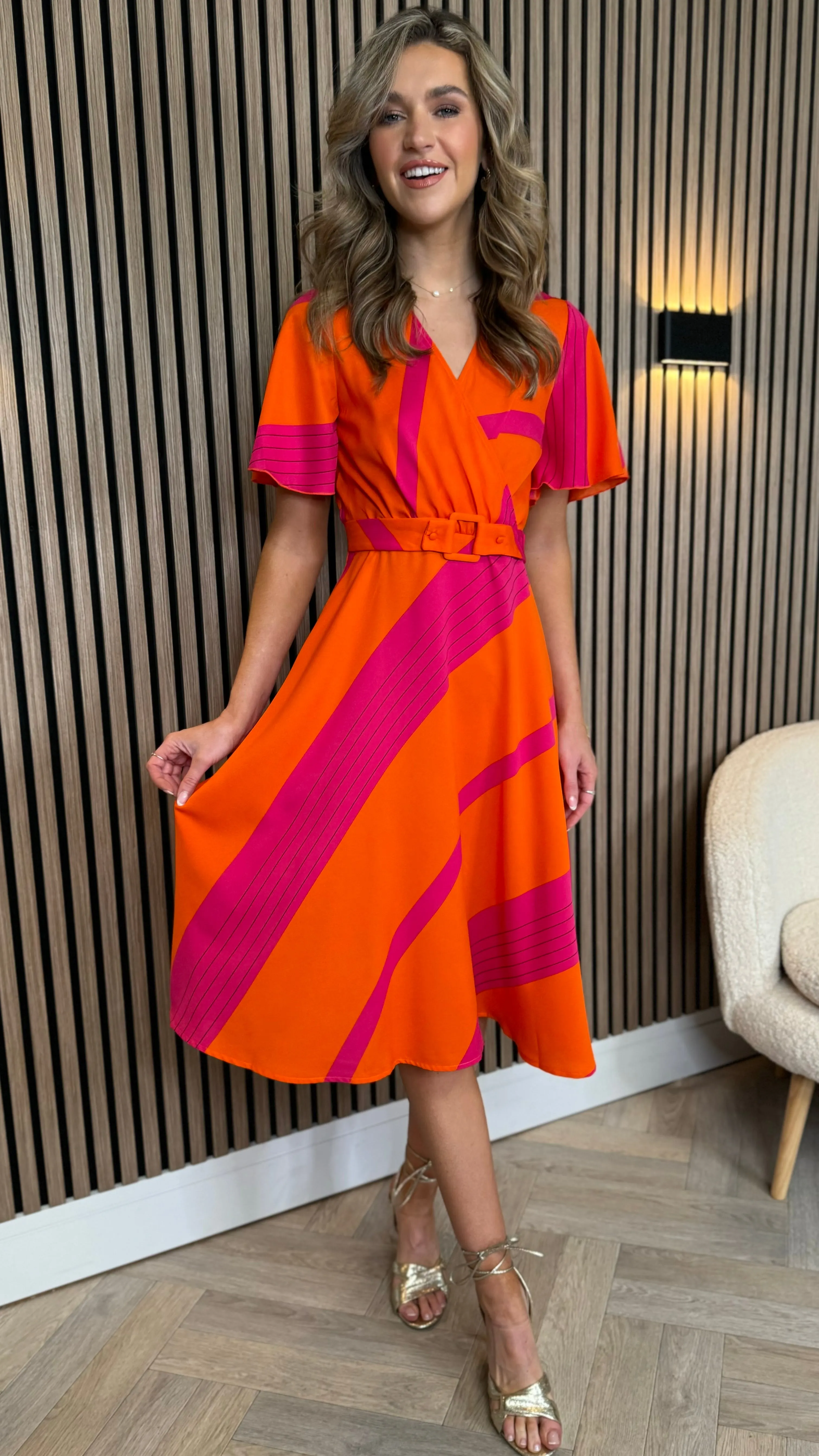 Codie Orange Stripe Wrap Detail Midi Dress