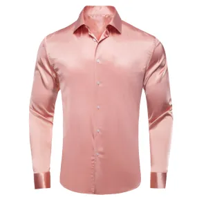 Coral Pink Solid Satin Men's Long Sleeve Shirt