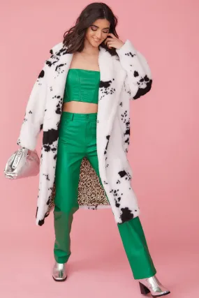 Cow Print Faux Fur Maxi Coat