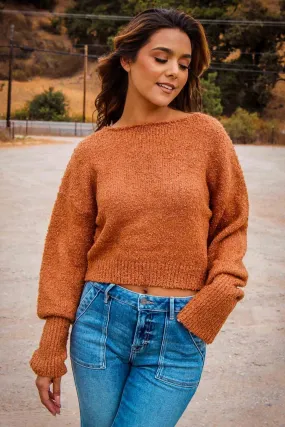 Cozy Cascade Boatneck Boucle Sweater-Chocolate