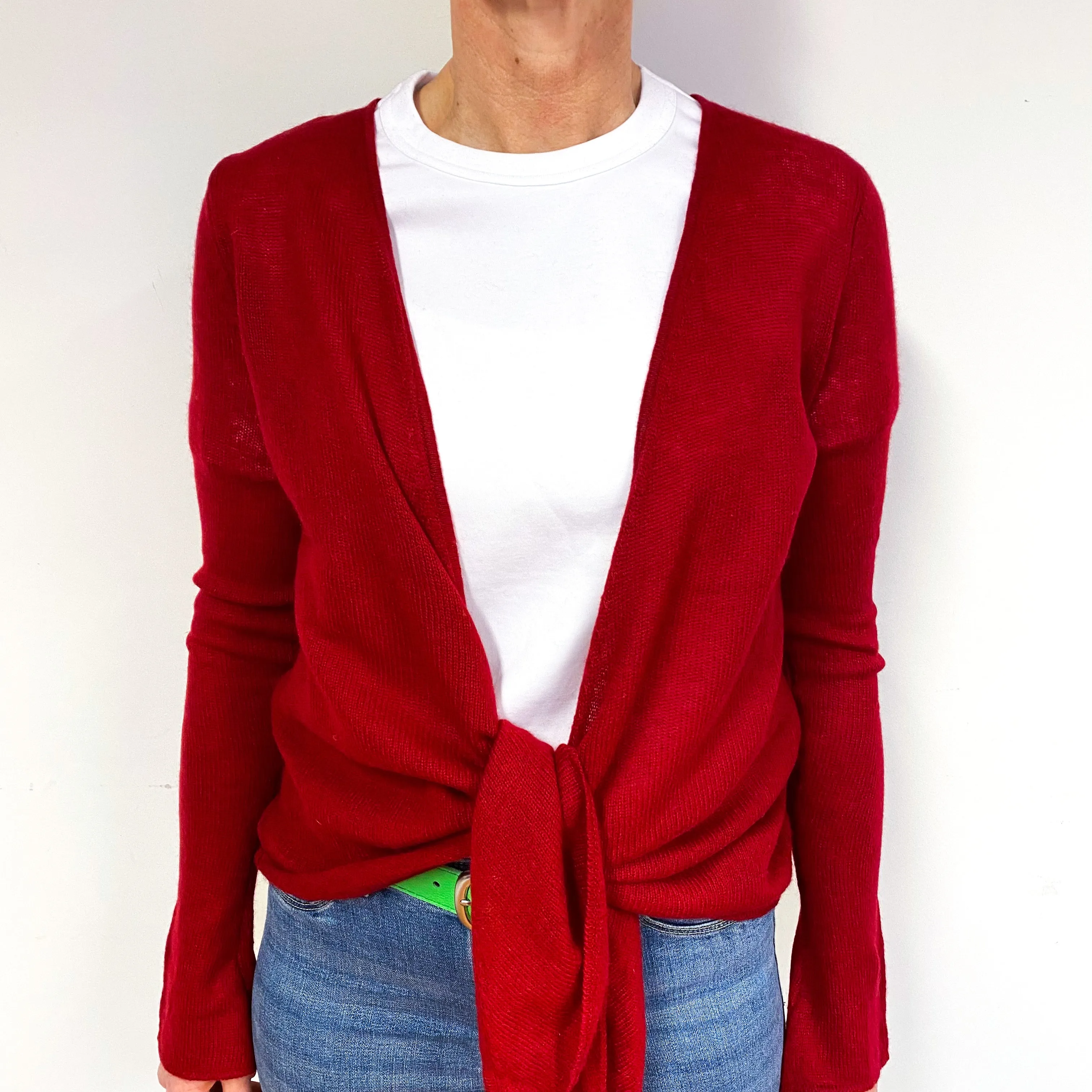 Crimson Red Lightweight Cashmere Tie Front Cardigan Medium