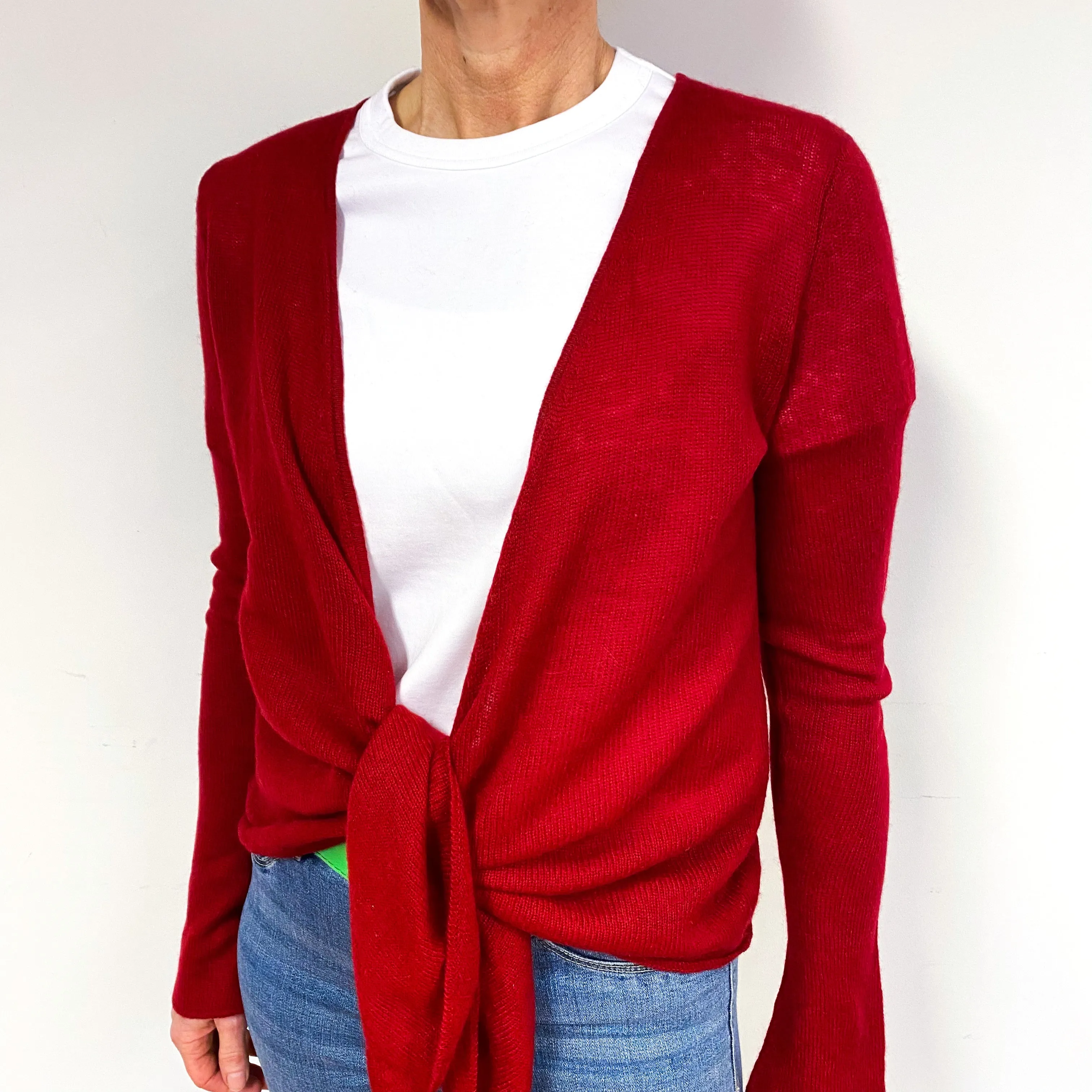 Crimson Red Lightweight Cashmere Tie Front Cardigan Medium