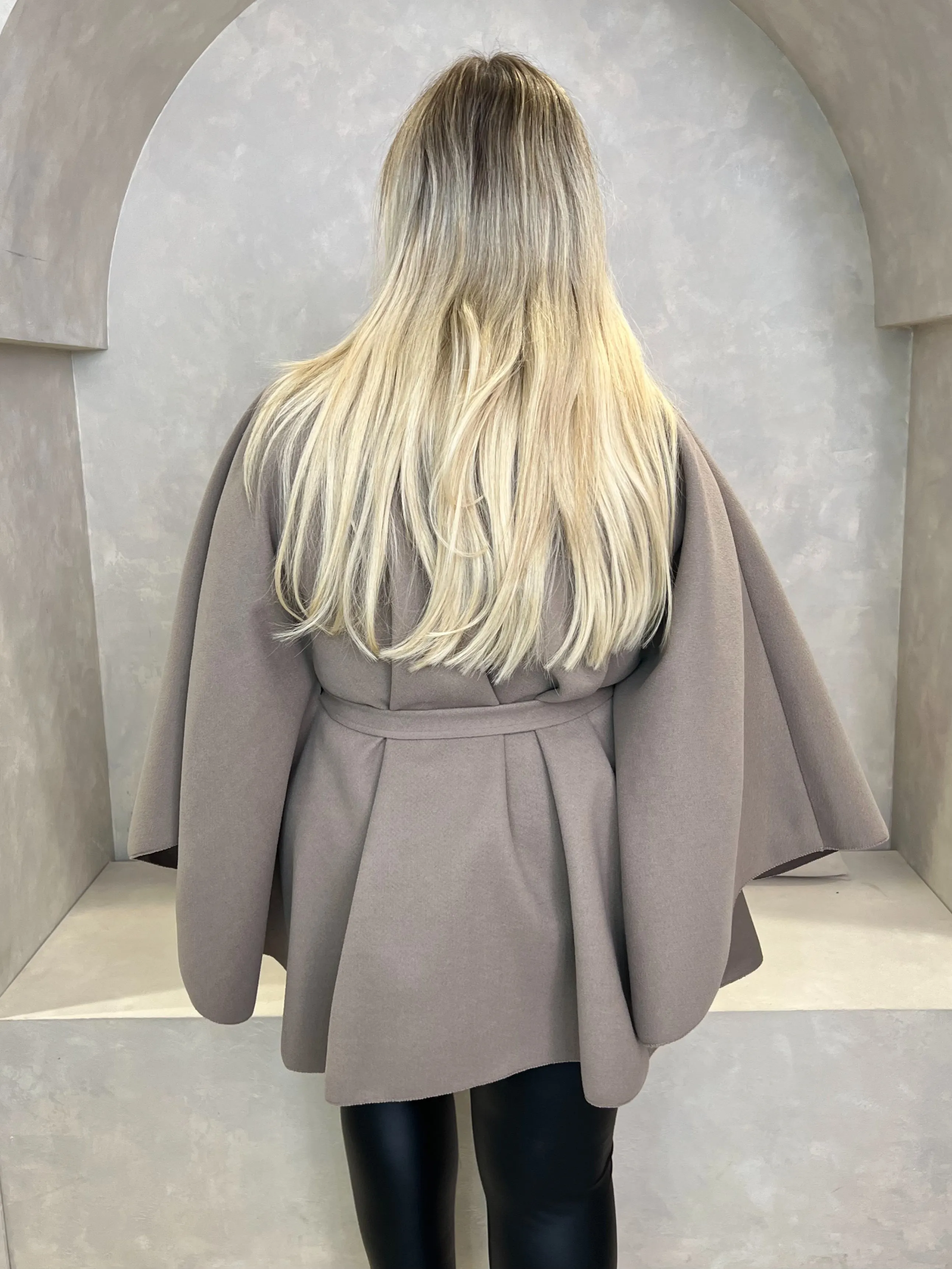 Curve Mocha Tie Belt Cape With Stand Up Collar