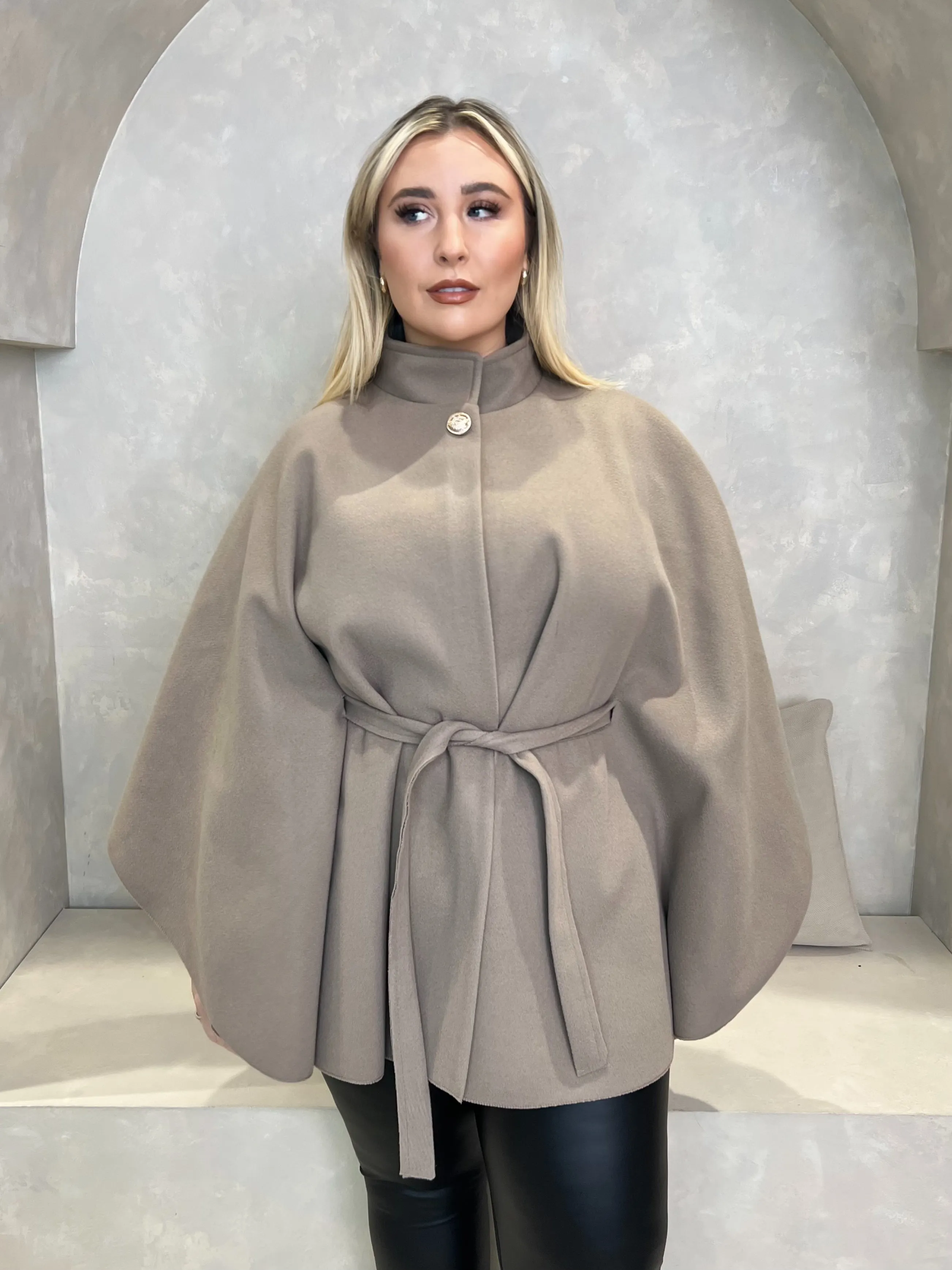 Curve Mocha Tie Belt Cape With Stand Up Collar