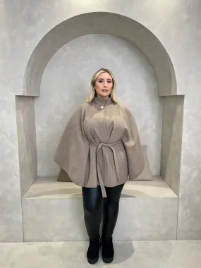 Curve Mocha Tie Belt Cape With Stand Up Collar