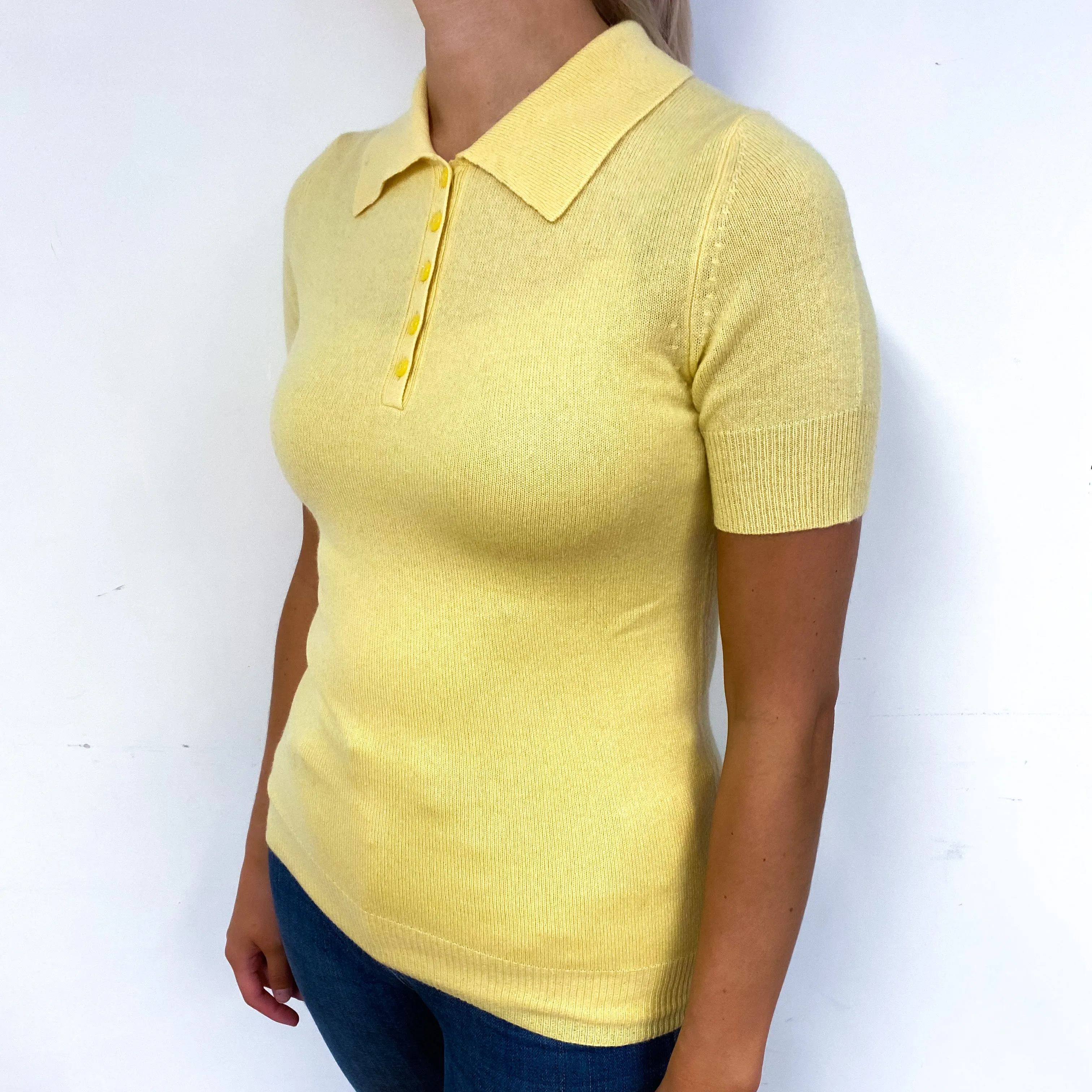 Custard Yellow Cashmere Collared Short Sleeve Jumper Small