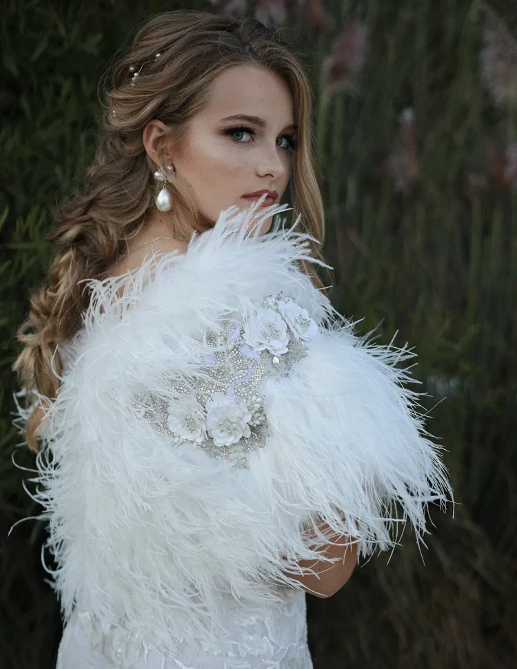 Daphne Feather Cape - Limited Edition Rhinestone Collection in Snow