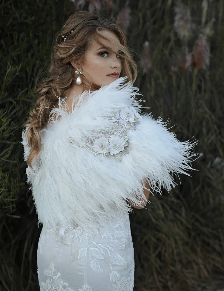 Daphne Feather Cape - Limited Edition Rhinestone Collection in Snow