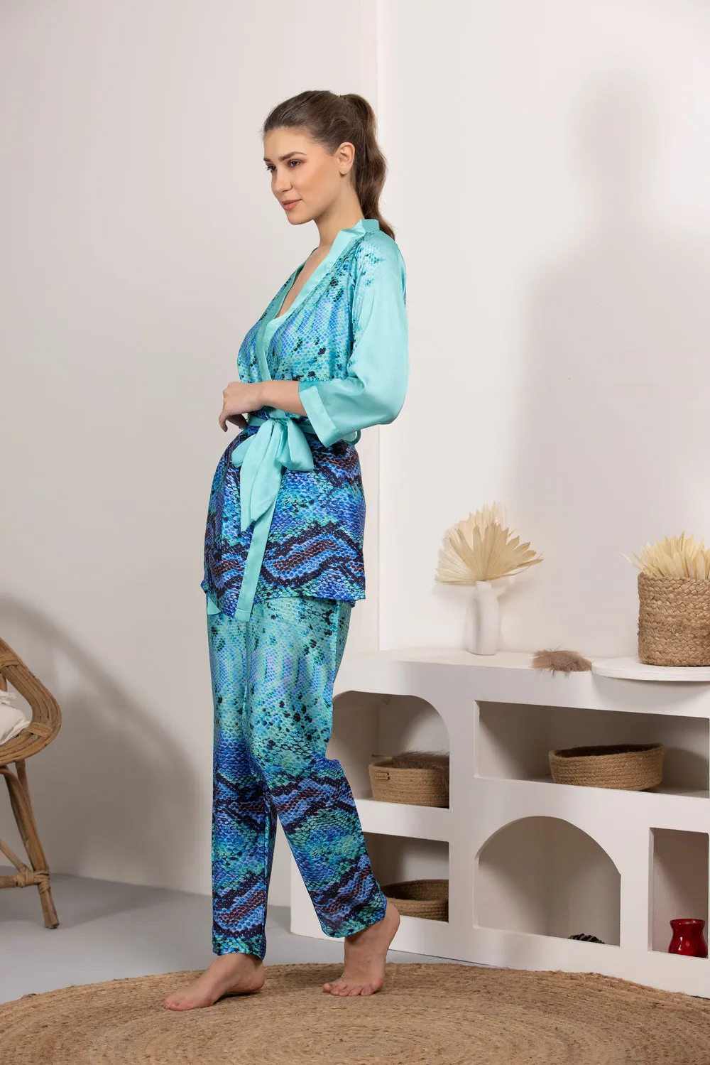 Digital print Satin Night suit with Robe