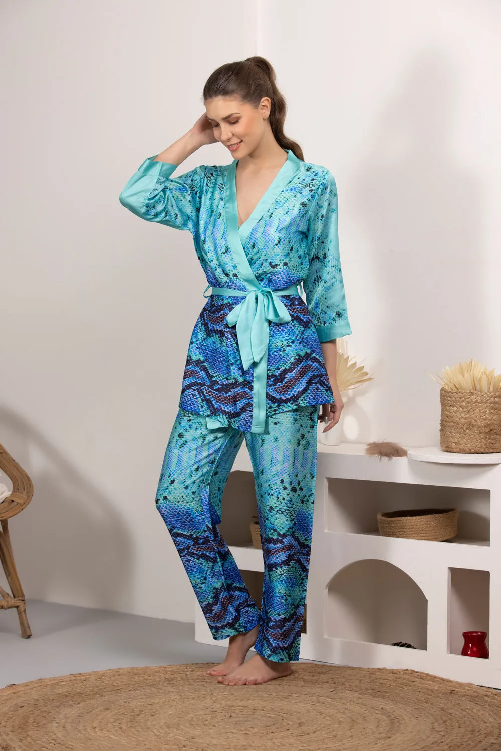 Digital print Satin Night suit with Robe