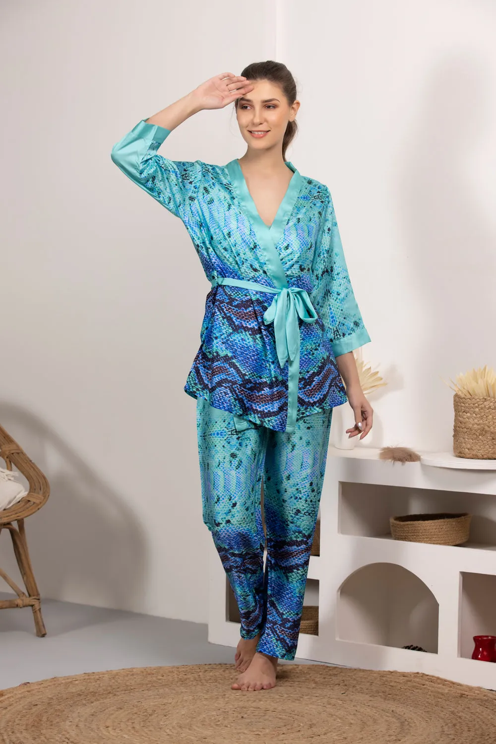 Digital print Satin Night suit with Robe