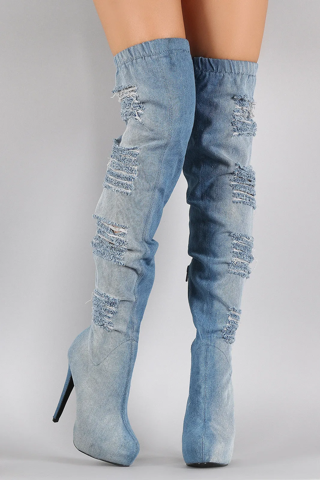 Distressed Denim Almond Toe Over-The-Knee Boots