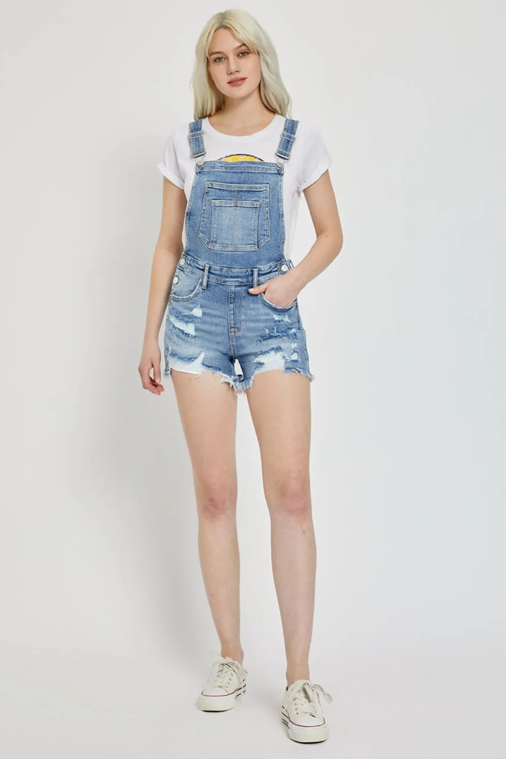 Distressed Raw Hem Denim Overalls