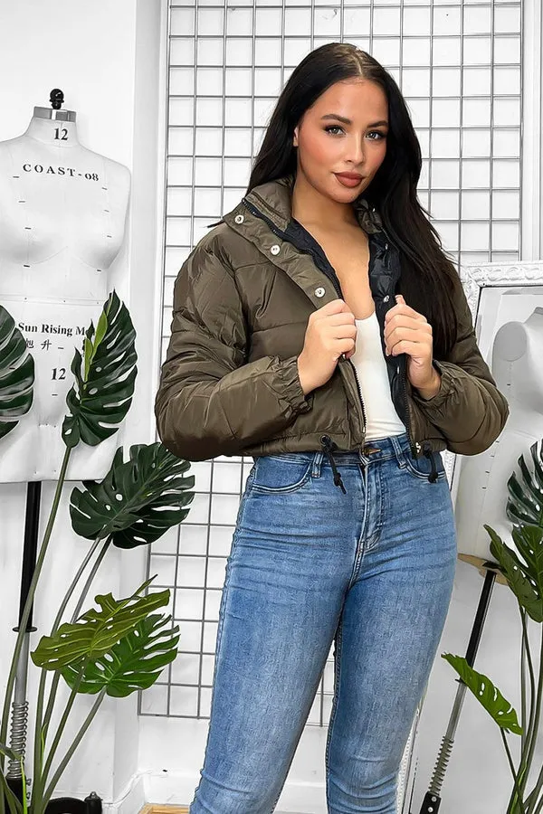 DRAWSTRING KHAKI CROPPED PUFFER JACKET