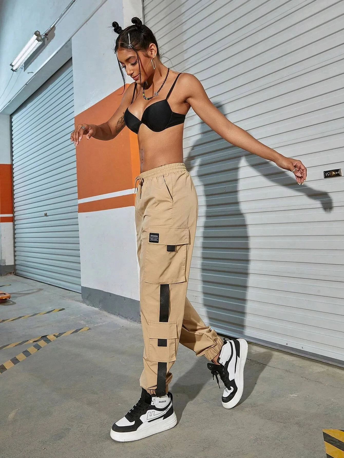 Drawstring Waist Patch Detail Cargo Pant