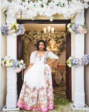 Elegant Pink Habesha Wedding Dress with Exquisite Detailing Habesha Kemis