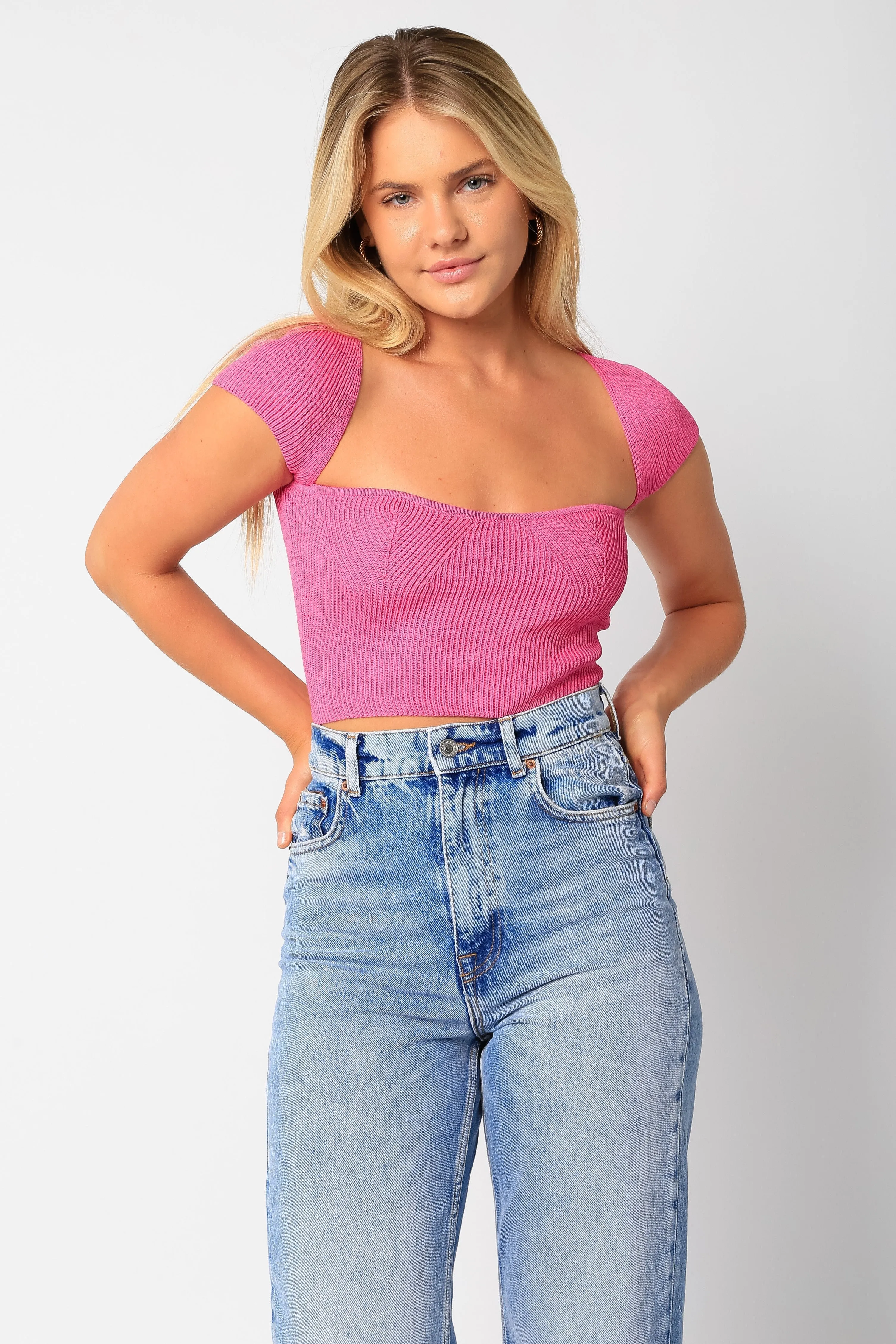 Emma Fuchsia Cap Sleeve Sweater Crop Top