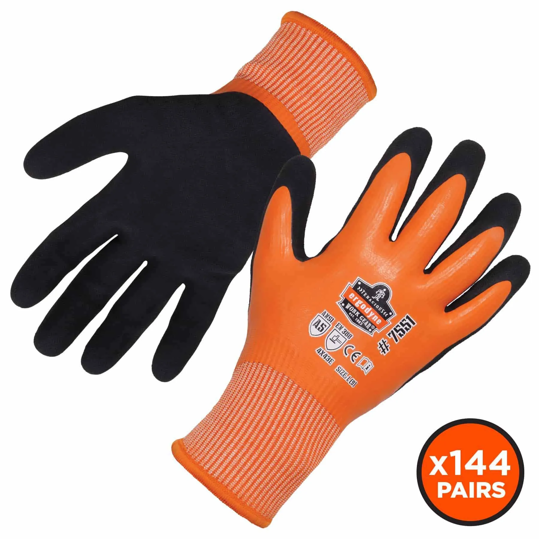 Ergodyne 17992 7551-CASE S Orange ANSI A5 Coated Waterproof CR Gloves 144-Pair