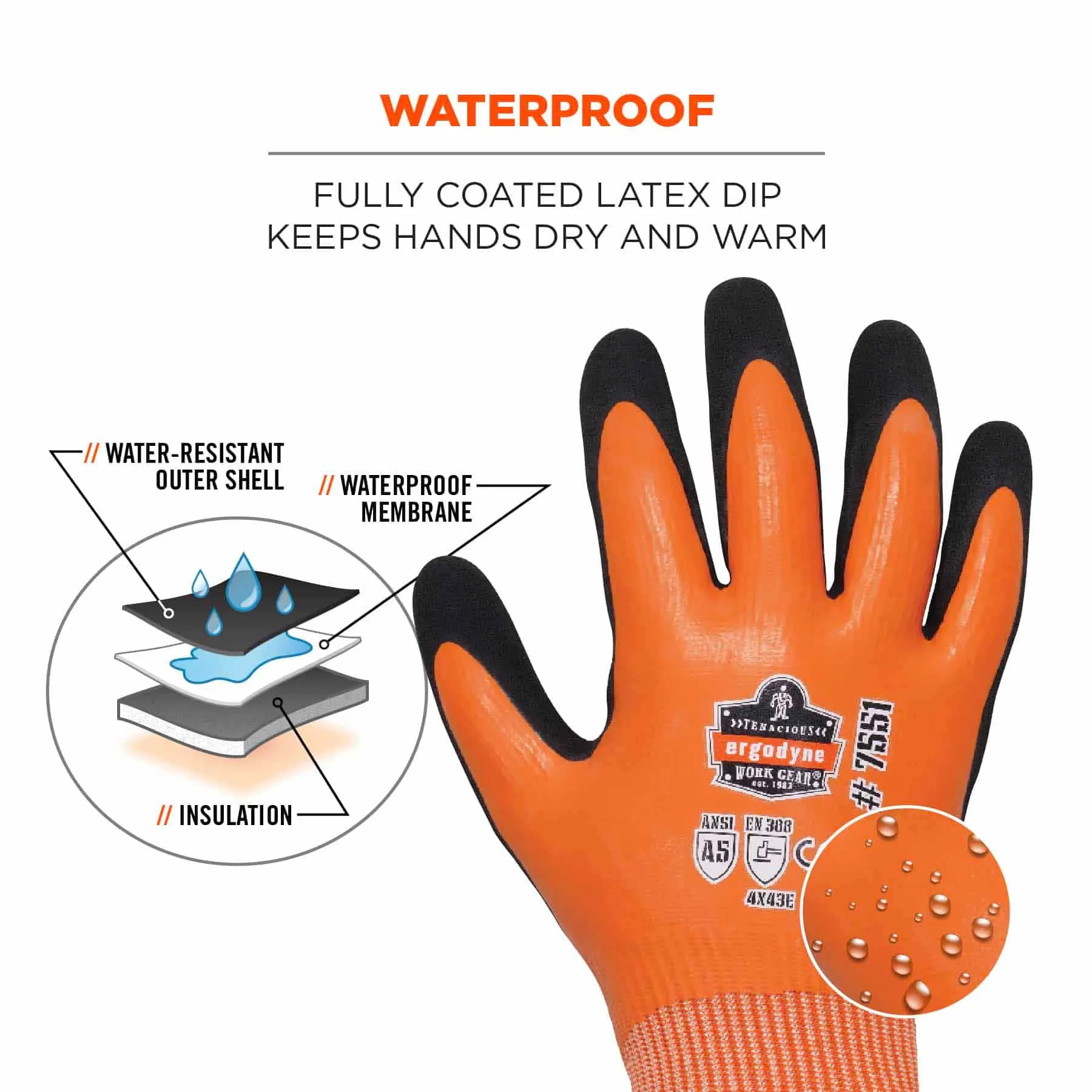 Ergodyne 17992 7551-CASE S Orange ANSI A5 Coated Waterproof CR Gloves 144-Pair