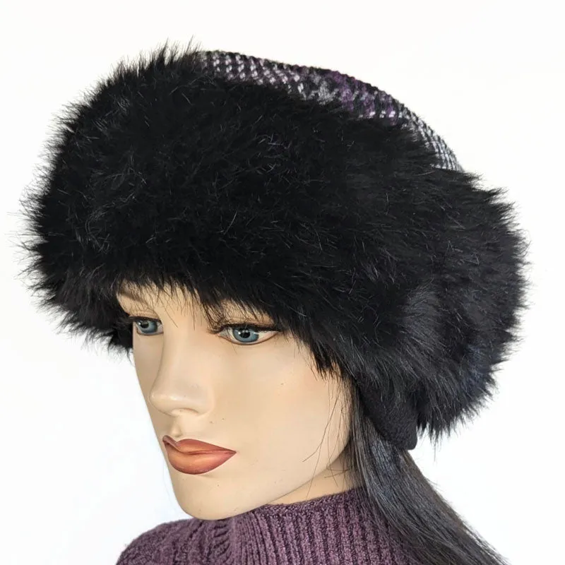 Faux Fur and Wool Fashion Pillbox Beanie Toque Hat, purple plaid wool, with earflaps